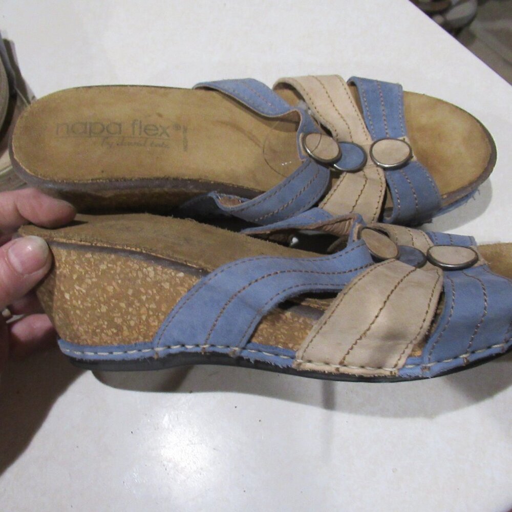 Napa Flex by David Tate Cork Wedge slip on sandals blue taupe sz 38  7.5